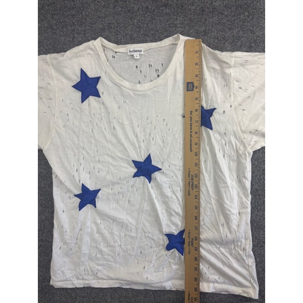 ByChance Short Sleeve T-Shirt Women's Large White Blue Lambskin Stars Distressed - Picture 4 of 8